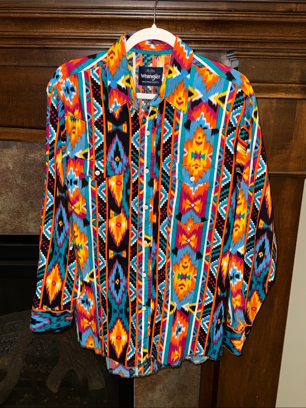 Vintage 90s Wrangler Western Shirt Mens L 16-16.5 Southwestern Aztec Geometric